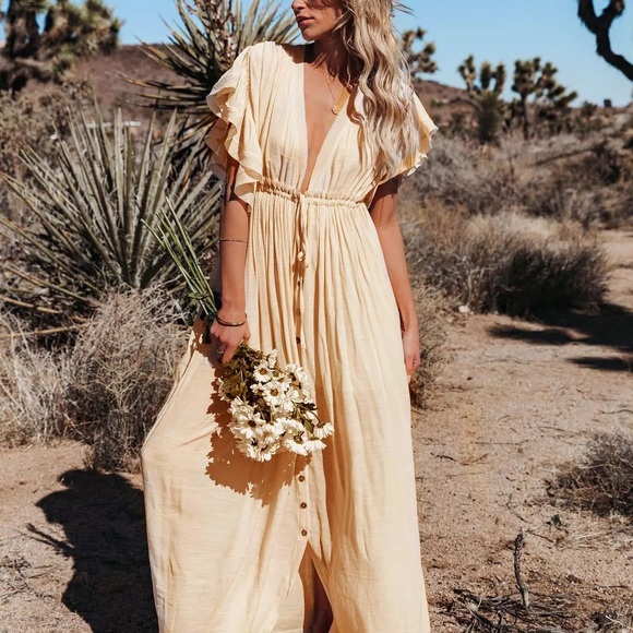 Oat Cream Boho Gauze Boho Button Flutter Maxi Butterfly Arms Dress - Picture 2 of 11